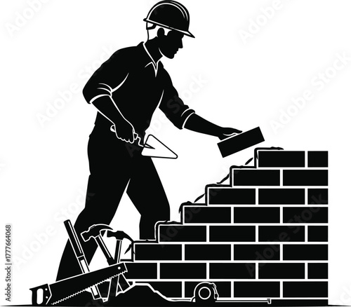 Construction worker building brick wall silhouette, male mason with trowel and brick, construction industry concept, architecture, craftsmanship, renovation, professional builder vector illustration
