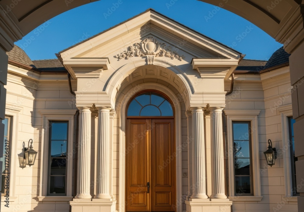 Obraz premium Grand entrance of a luxurious mansion with ornate architectural details and double wooden doors under a clear blue sky