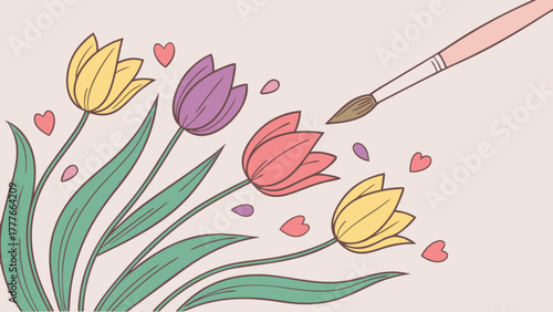 A vibrant floral arrangement with tulips and a paintbrush, symbolizing creativity, beauty, and the joy of artistic expression