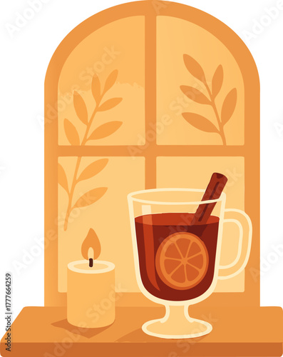 Autumn Window Scene with Candle and Hot Mulled Wine