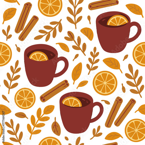 Seamless Pattern with Mulled Wine, Cinnamon, and Orange