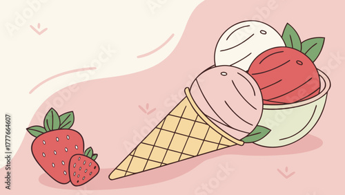 A delightful ice cream illustration featuring a cone and bowl filled with strawberry and vanilla flavors, accompanied by fresh strawberries on a pink background
