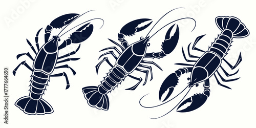 Three stylized dark blue lobsters in a nautical illustration on a light background