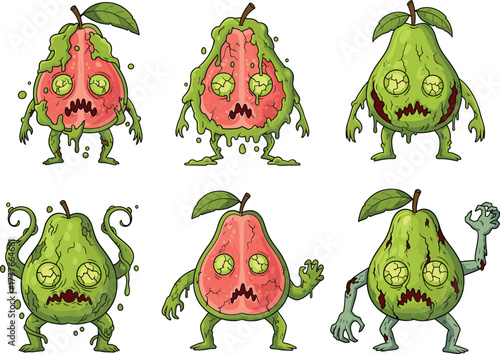 Creepy zombie pear monsters with slimy texture, horror fruit creatures, spooky cartoon vector illustration for Halloween, fantasy undead plant design for artwork