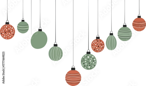 Hanging Christmas ornaments border. Retro Scandinavian vector composition with holiday baubles in muted boho colors.