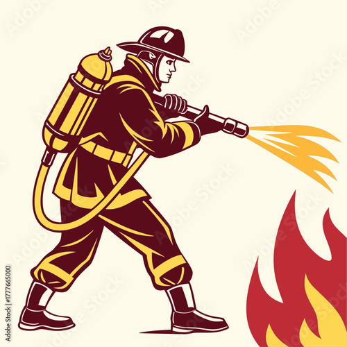 Brave firefighter in protective gear sprays water from a hose to extinguish a dangerous fire
