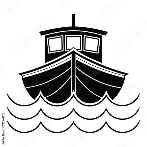 Stylized black and white illustration of a fishing boat sailing on wavy seas
