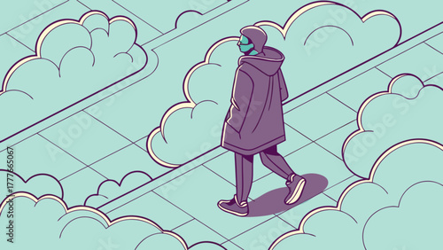 A man is walking on a sidewalk surrounded by clouds, creating a surreal and dreamlike atmosphere, blending reality and imagination