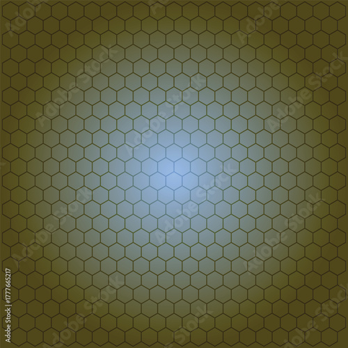Abstract seamless hexagonal grid with a honeycomb pattern and a central blue glow on a dark olive green background