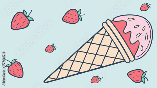 A delightful strawberry ice cream cone surrounded by scattered strawberries, creating a sweet and refreshing summer treat illustration