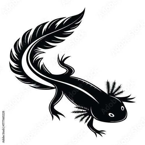 Stylized black silhouette of an axolotl with feathery gills and a long tail on a white background