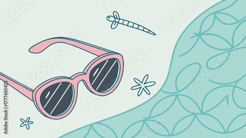A charming illustration featuring pink sunglasses, a hair clip, and starfish, set against a pastel background, evoking a sense of summer vacation bliss