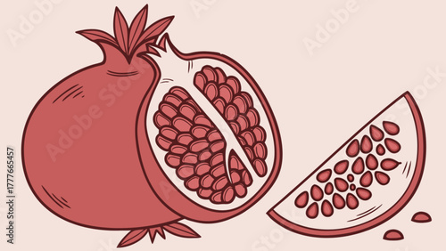 Illustration of a whole pomegranate, a half pomegranate, and a slice, all displaying the seeds, set against a light pink background, simple design