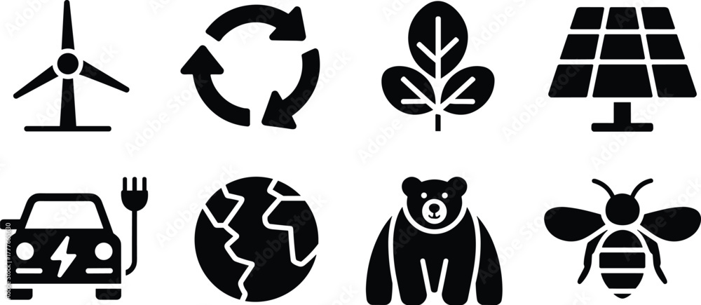 Obraz premium Ecology and Conservation Vector Icon Set - Environment Sustainability and Wildlife Glyphs