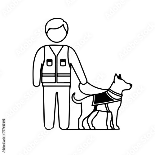 Man and service dog silhouette isolated on white background