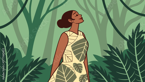 Illustration of a woman in a leafpatterned dress, standing in a lush green forest, looking up at the sky, surrounded by trees and foliage