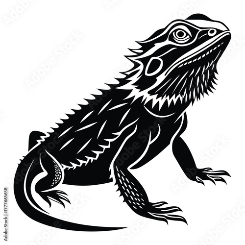 Detailed black and white woodcut illustration of a bearded dragon reptile with spiky scales and a flared beard