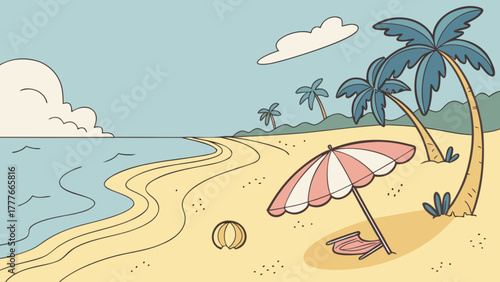 A serene beach scene with palm trees, a beach umbrella, and gentle waves lapping the shore, creating a peaceful and relaxing tropical paradise