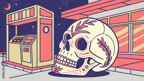 A stylized illustration of a sugar skull near a convenience store at night, blending traditional dia de los muertos with urban elements
