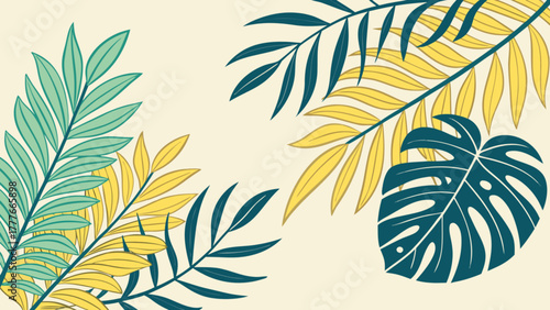 Tropical leaves background with vibrant green, yellow, and blue colors, creating a fresh and exotic atmosphere for summer designs and nature themes
