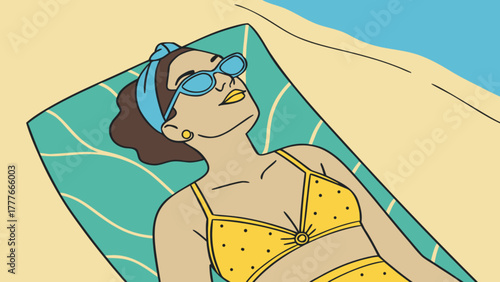 A woman in a swimsuit is lying on a towel on the beach, enjoying the sun and the sea breeze, creating a serene and relaxing scene