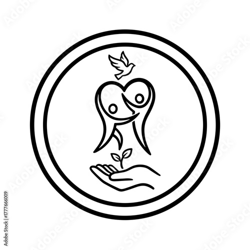 Abstract line art of couple, dove, and sprout in circular design  