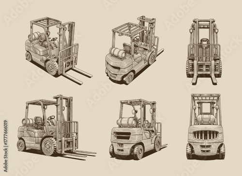 Detailed Vintage Engraving Illustration of Industrial Forklift Vehicles from Multiple Angles in Classic Technical Style
