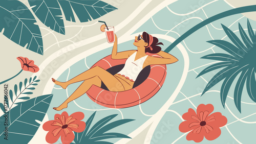 Woman relaxing on inflatable ring in tropical paradise, enjoying summer vacation with cocktail, surrounded by flowers and palm trees, vector illustration