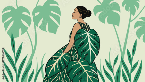 A woman in a dress made of leaves stands in a lush garden, surrounded by greenery, creating a natural and enchanting scene