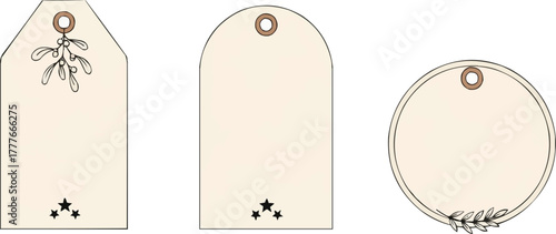 Minimalist Christmas gift tag set with botanical mistletoe illustrations, blank vector label templates for holiday packaging and DIY crafts
