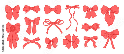 Vintage ribbon bow set Christmas decoration. Xmas gift red bow knot doodles. Coquette beauty valentine romantic aesthetic. Cute retro tied ribbons isolated. Hand drawn cartoon vector illustration.