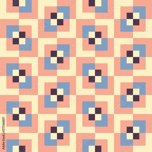 Retro pattern created from overlapping, different sized, peach, blue, cream and maroon squares
