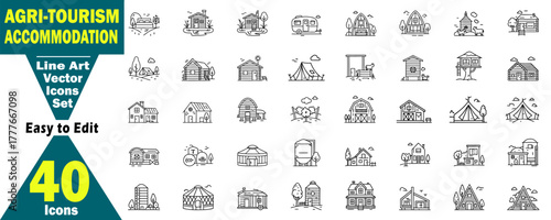 Agritourism Accommodation Vector Icon Set. Line Art Farm Stays Vacation. Lodging Rural Hotels, Countryside Escapes, Sustainable Tourism Guest Houses, Cottages and Cabins Outbuildings. 