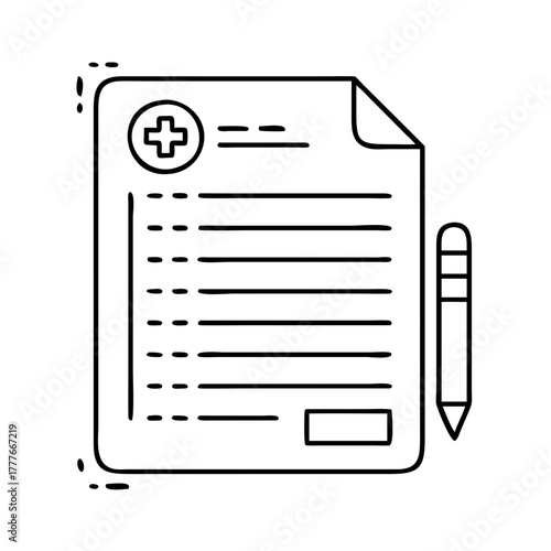 A minimalist line drawing of a medical document with a checklist and a pen, featuring a health cross symbol, isolated on a, signifying healthcare and patient care