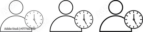 User time icon. Person and clock symbol. Personal schedule management. Working hours and shift symbols
