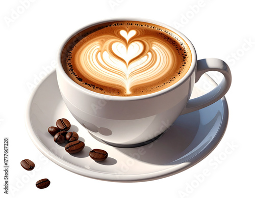 Minimal Latte Cup with Heart Art and Beans PNG