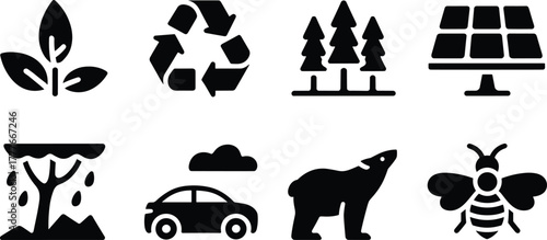 Ecology and Conservation Vector Icon Set - Environment Sustainability and Wildlife Glyphs