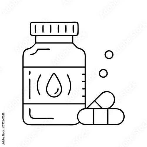 A line art icon of a medicine bottle with a drop symbol and two capsules, isolated on a, representing pharmaceuticals and treatment