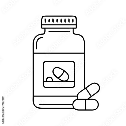 A black and white outline illustration of a medicine bottle with pills
