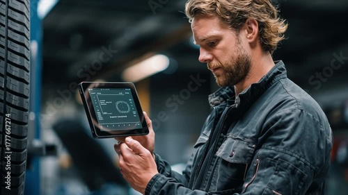 Automotive Technician using digital tablet: A skilled automotive technician, deeply engrossed in his task, scrutinizes a digital tablet while attending to vehicle maintenance