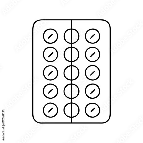 A black and white outline illustration of a blister pack of pills