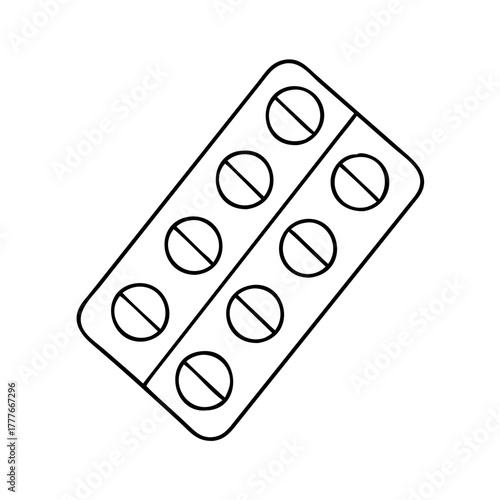 A blister pack containing ten round pills, with a diagonal line across each pill