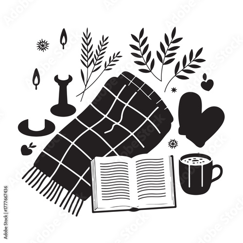 Minimal Hygge Winter Elements — Cozy Blanket, Hot Drink, and Scandinavian Home Decor Vector