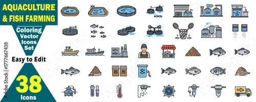 Aquaculture Fish Farming Coloring Vector Icons Set. Pisciculture Farming Production. Fishery Business System, Equipment Harvest Seafood Vector Illustration.