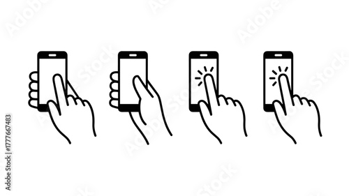 Smartphone and hand variation black icon set.icon, phone, cyberspace, screen, communication, illustration, technology, design, digital, hand, mobile, vector, device, smartphone, touch, display, 