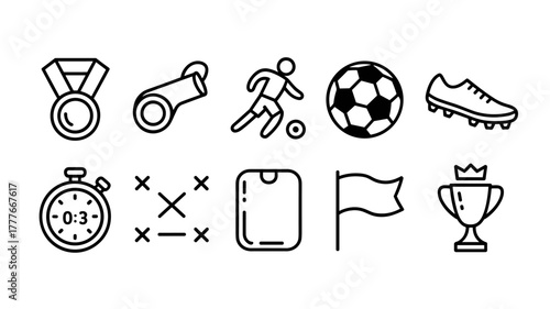 Soccer doodle icon. Football goal, award cup, whistle hand drawn line doodle sketch style equipment icon.cheer, coach, corner, draw, football, goal, 