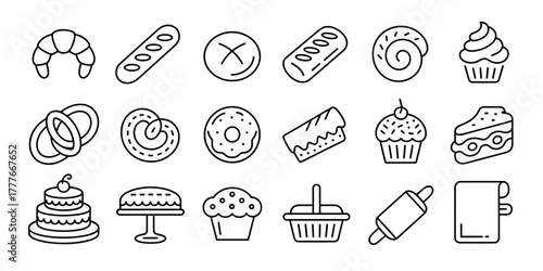 Bakery doodle icon set. Cute hand drawn sketch illustrations of bread, donut, muffin, cinnamon, toast, baguette, croissant,