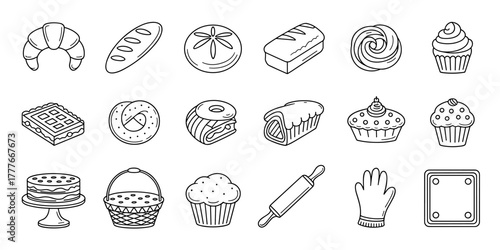Bakery doodle icon set. Cute hand drawn sketch illustrations of bread, donut, muffin, cinnamon, toast, baguette, croissant,
