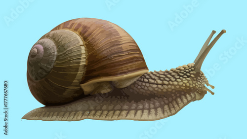 Detailed Vector Drawing of a Snail with a Shell on a Light Blue Background. Detailed Vector Image of Snail with Antennae, Close Up Realistic Vector Snail Illustration. 