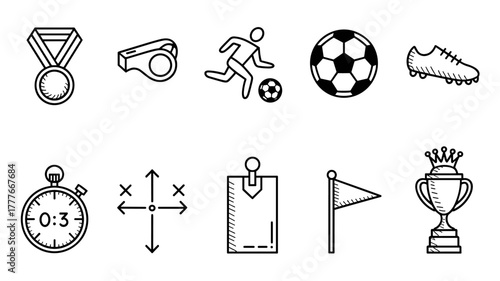 Soccer doodle icon. Football goal, award cup, whistle hand drawn line doodle sketch style equipment icon.cheer, coach, corner, draw, football, goal, 